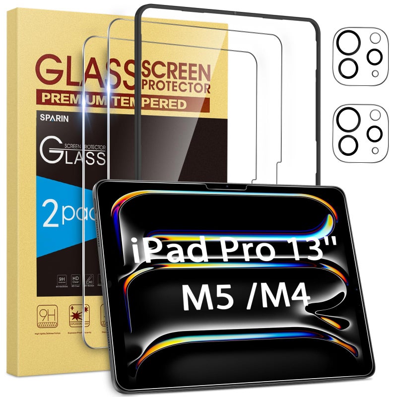 SPARIN 2+2 Pack Screen Protector for iPad Pro 13 inch M5/M4 (2025/2024-8th 7th generation)+ Camera Lens Protector, Tempered Glass with Alignment Frame/Case Friendly/Apple Pencil Pro support - Image 1