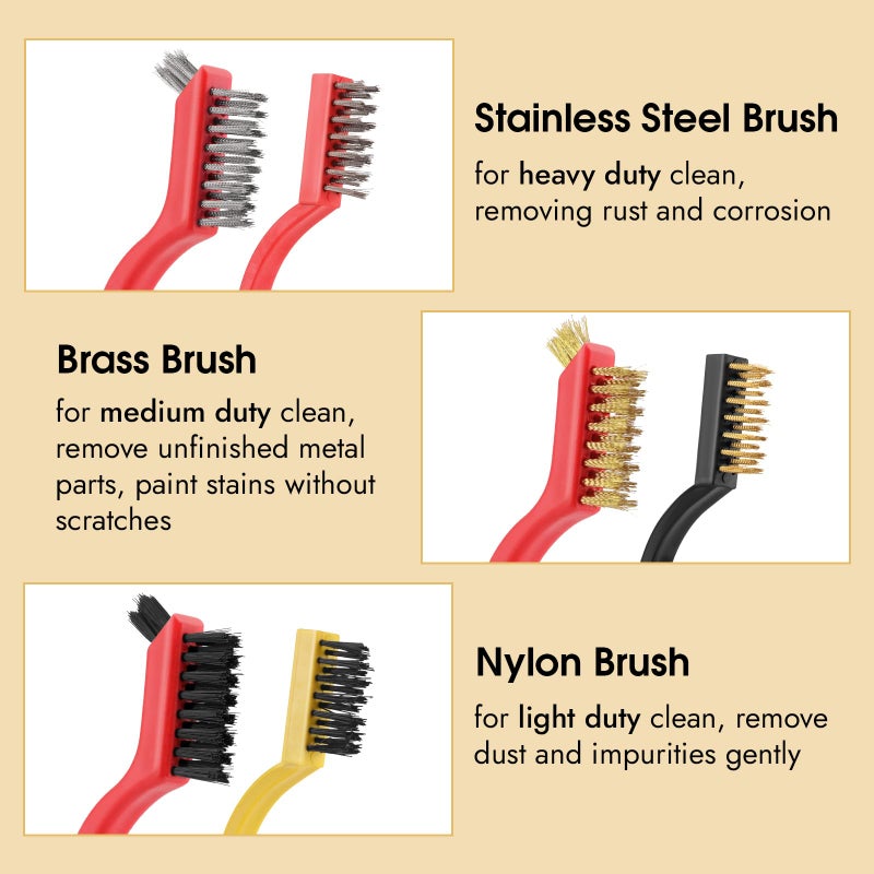 MOWPOG 6 Pieces Wire Brushes Set, Small Metal Brass/Stainless Steel/Nylon Brushes for Cleaning Metal Rust Remover and Paint Removal - Image 3