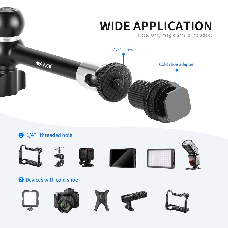 NEEWER Upgraded Super Clamp and 11" Adjustable Friction Power Articulating Magic Arm Compatible with SmallRig Camera Cage/Rig, Further Expansion for Monitor/LED Light/Webcam, Max Load 4.4lb/2kg, ST20 - Image 2