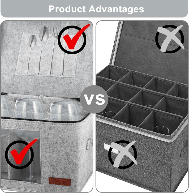 Foyego فويجو علبتان صندوق تخزين كؤوس النبيذ بفواصل، حاويات تخزين كؤوس الساق للتغليف والنقل، صندوق حاويات تخزين خزفية لـ 12 قطعة من الأدوات الزجاجية البلورية، كؤوس النبيذ، أدوات الشرب، رمادي فاتح - Image 5