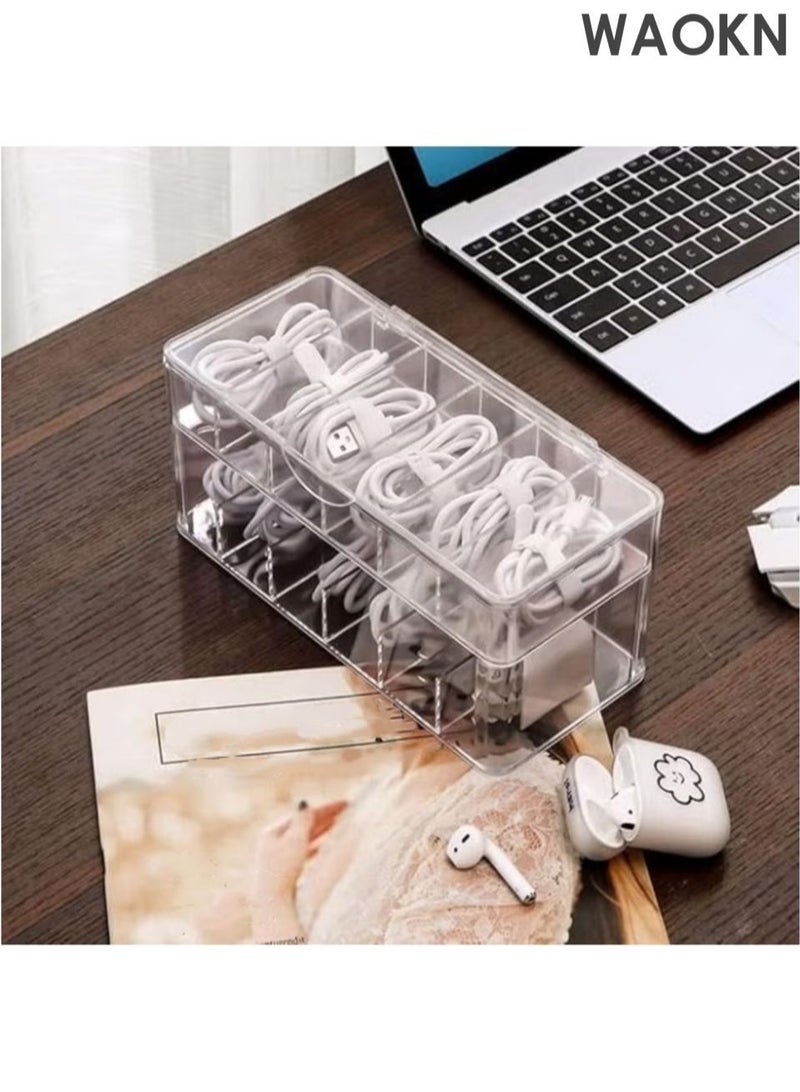 WAOKN Double Layer Cable Tidy Box with Lid, 12 Grids Cable Organizer Box, Large Storage Box for Data Cables, Charger Plugs, Clear Cable Management Box with Free Cable Ties & Classification Labels - Image 5