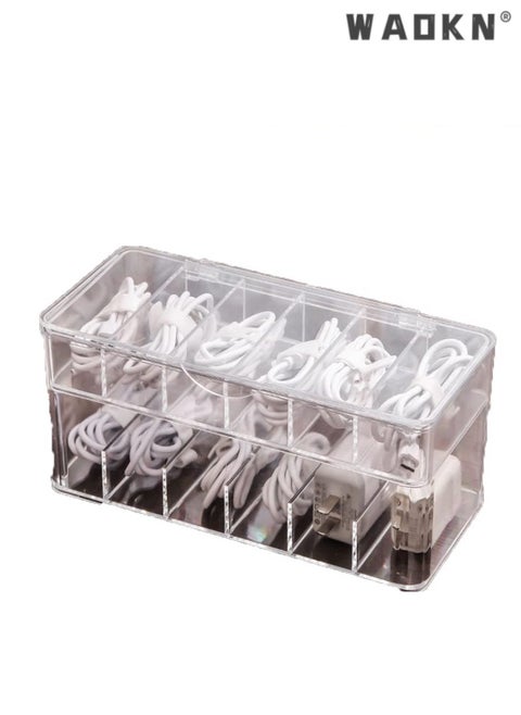 Double Layer Cable Tidy Box with Lid, 12 Grids Cable Organizer Box, Large Storage Box for Data Cables, Charger Plugs, Clear Cable Management Box with Free Cable Ties & Classification Labels
