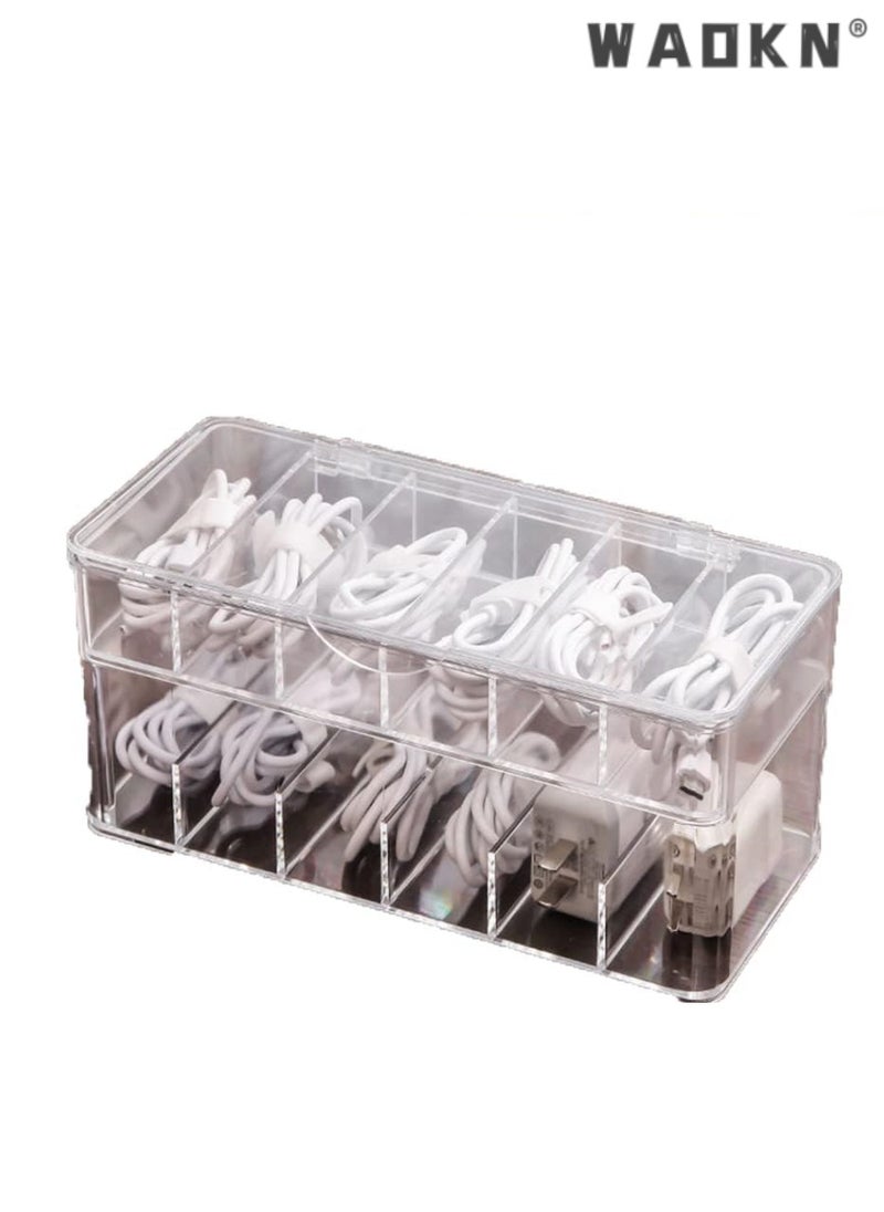 WAOKN Double Layer Cable Tidy Box with Lid, 12 Grids Cable Organizer Box, Large Storage Box for Data Cables, Charger Plugs, Clear Cable Management Box with Free Cable Ties & Classification Labels  - Image 1
