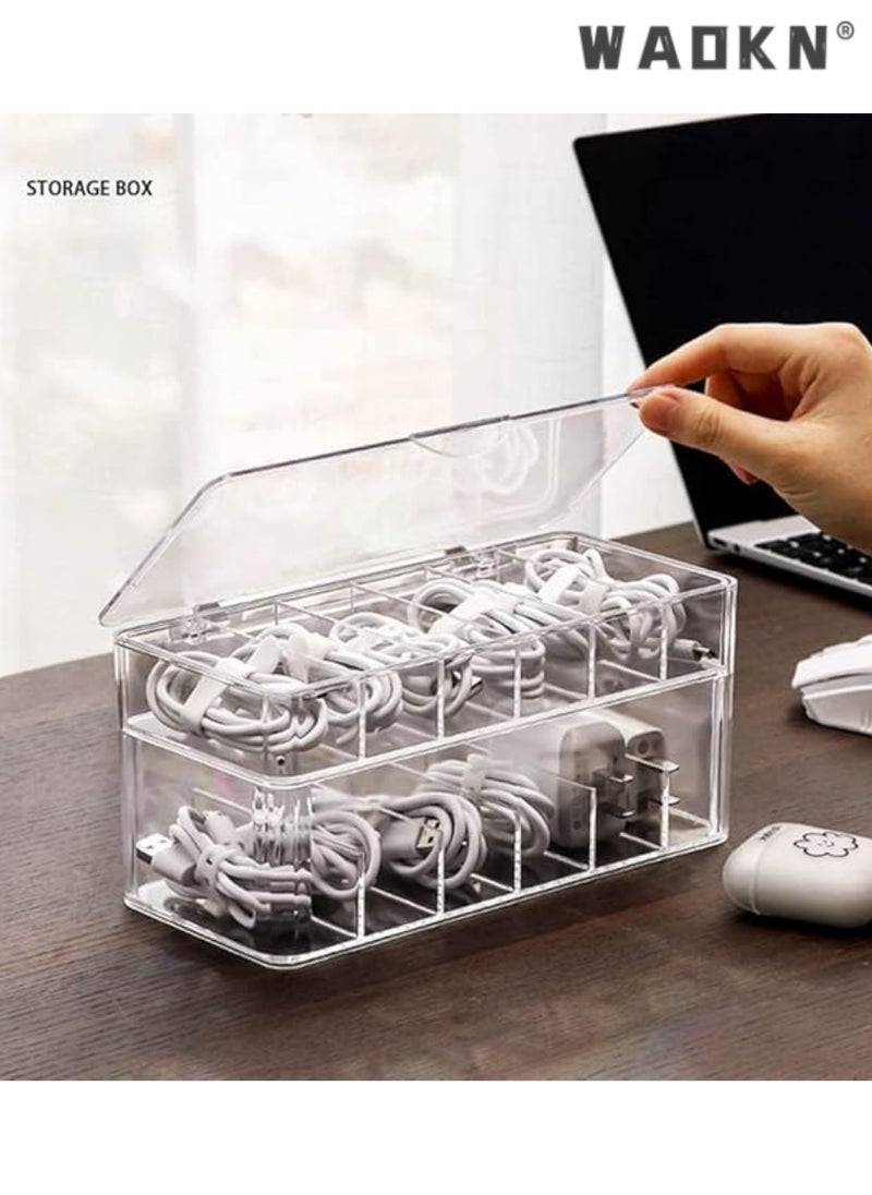 WAOKN Double Layer Cable Tidy Box with Lid, 12 Grids Cable Organizer Box, Large Storage Box for Data Cables, Charger Plugs, Clear Cable Management Box with Free Cable Ties & Classification Labels  - Image 2