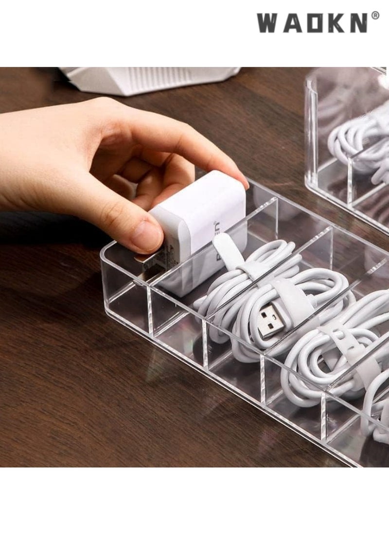WAOKN Double Layer Cable Tidy Box with Lid, 12 Grids Cable Organizer Box, Large Storage Box for Data Cables, Charger Plugs, Clear Cable Management Box with Free Cable Ties & Classification Labels  - Image 4