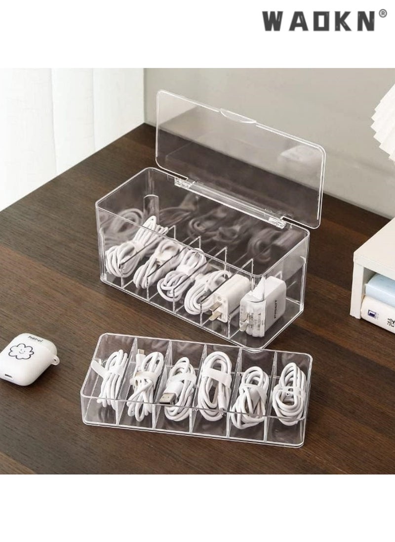 WAOKN Double Layer Cable Tidy Box with Lid, 12 Grids Cable Organizer Box, Large Storage Box for Data Cables, Charger Plugs, Clear Cable Management Box with Free Cable Ties & Classification Labels  - Image 3