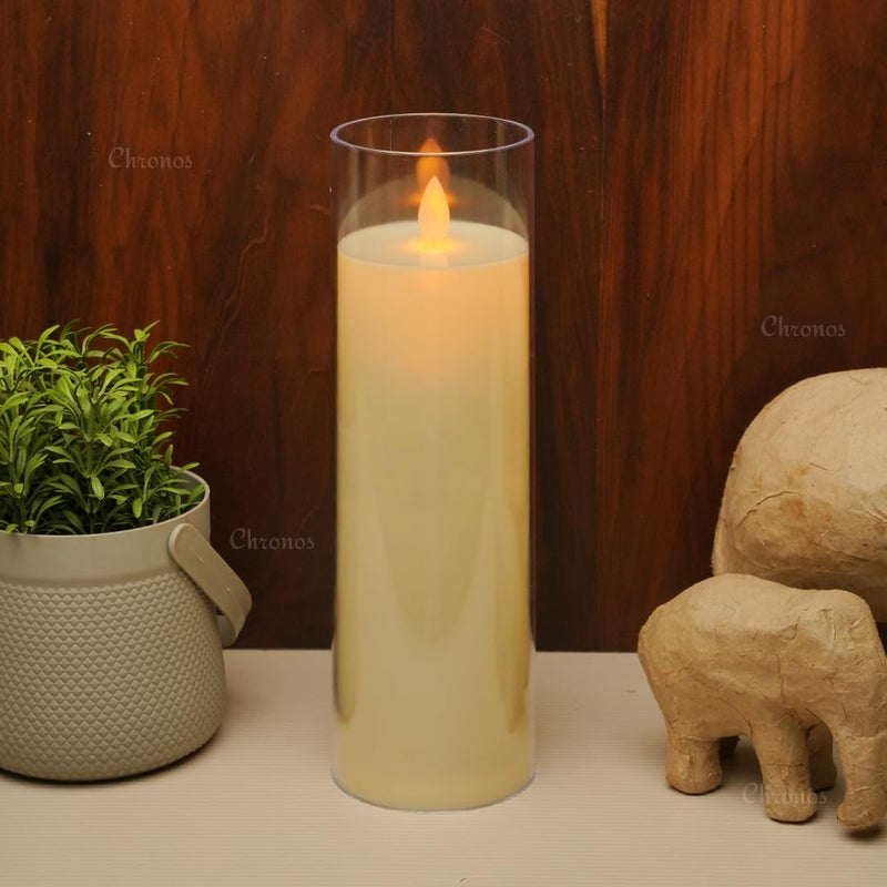 Acrylic Glass LED Moving Flame Pillar Candle, Flameless, Smokeless, Realistic Flickering, Warm White Light for Home Decor, Diwali, and Christmas (10 Inch)