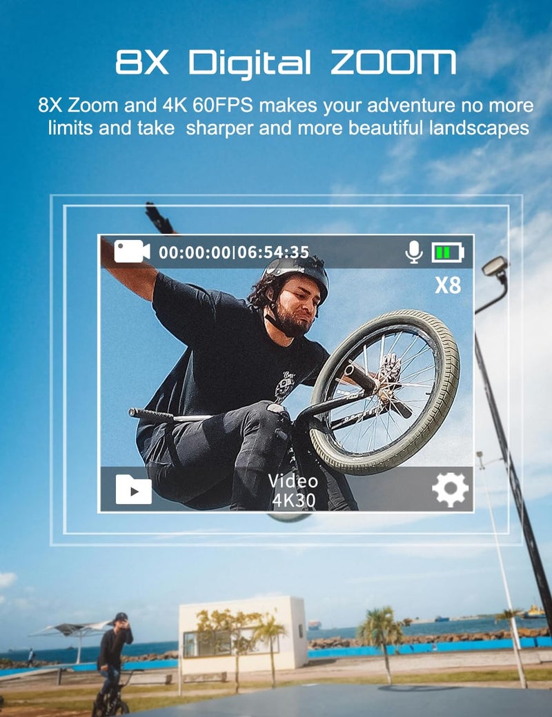 Apexcam Action Camera 4K with 64GB Card, HD 60FPS 48MP Sports Camera for Vlogging, 40M Waterproof Camera Underwater, 170 ° Wide Angle WiFi Camcorder, 8X Zoom, Remote Control, Helmet Mount Accessories - Image 3