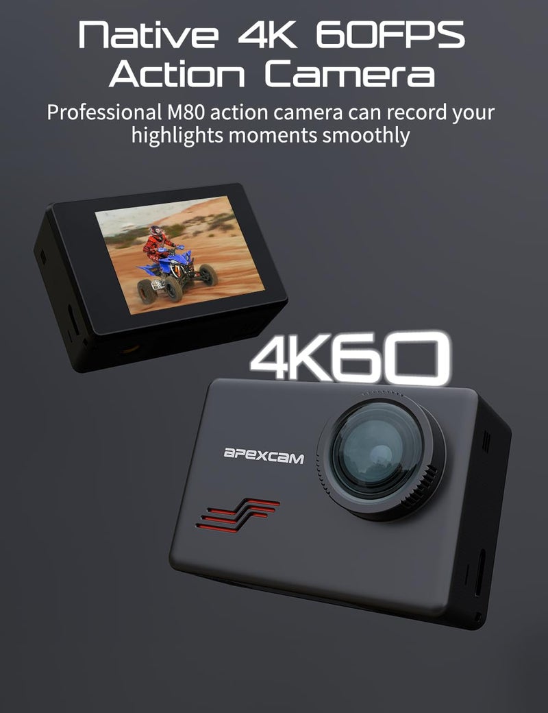 Apexcam Action Camera 4K with 64GB Card, HD 60FPS 48MP Sports Camera for Vlogging, 40M Waterproof Camera Underwater, 170 ° Wide Angle WiFi Camcorder, 8X Zoom, Remote Control, Helmet Mount Accessories - Image 2