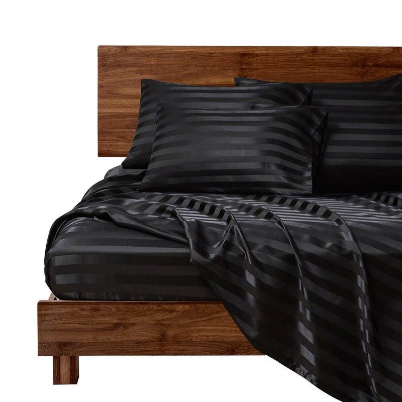MRHM Satin Bed Sheets King Size Sheets Set 6 Pcs Silky Bedding Set with 15 Inches Deep Pocket for Mattress King Black Striped