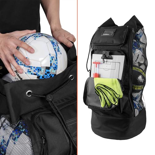 Fitdom Heavy Duty XL Soccer Mesh Equipment Ball Bag w/Adjustable Backpack Shoulder Strap Design for Coach. 2 Different Size Front Pockets for Sporting Accessories. Best for All Outdoor & Water Gears - Image 3