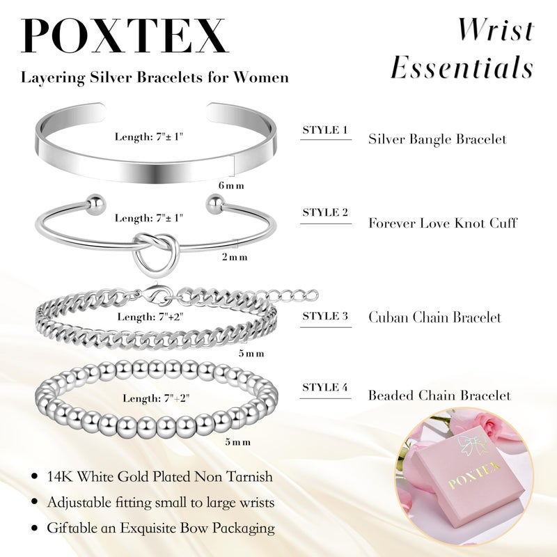 Poxtex Silver Cuff Bracelets Stack for Women, Silver Plated Bangle Link Chain Bracelets, Trendy Waterproof Jewelry Gifts Adjustable - Image 5