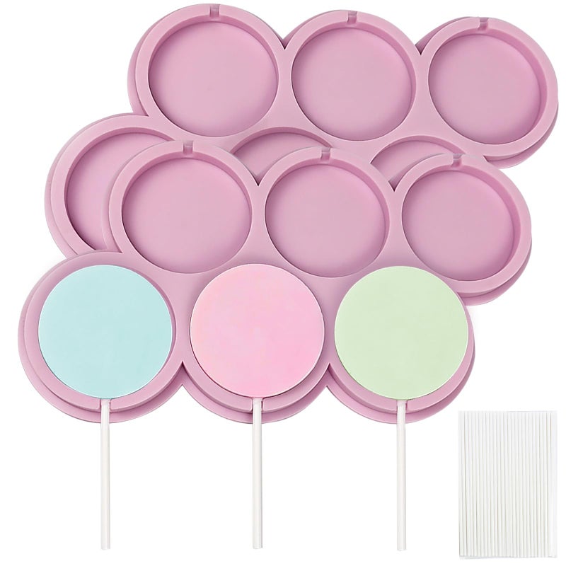 EDUEE Round Lollipop Molds 2 pcs Silicone Chocolate Lolly Mold 6 Cavity Round Shapes Lollipop Candy Molds with 25 Sticks - Image 1