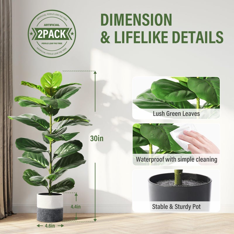Suntee 2 Pack Artificial Fiddle Leaf Fig Tree, 30" Ficus Lyrata Fake Plants with Pots, Floor Plant Outdoor Faux Plants for Living Room, Corner, Office, Patio, Windowsill Decor - Image 2
