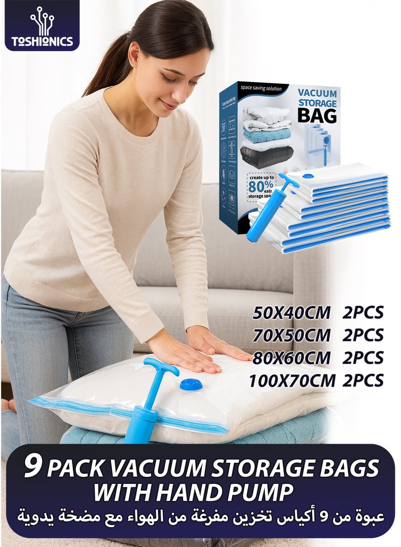 Toshionics 9 Pack Vacuum Storage Bags, 2 Jumbo + 2 Large + 2 Medium + 2 Small 80% Space Saver Bags, Vacuum Seal Bags with Hand Pump for Comforters, Blankets, Bedding, Pillows and Clothes - Image 1