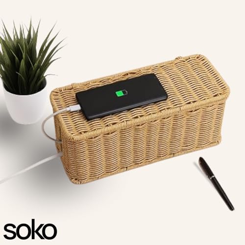 Soko Woven Faux Rattan Cable Management Box| Cord Hider with Lid, 2 Open Slots Surge Protector | Power Strips, Router, TV, Gadget Wires Organizer Tray for Desktop, Table-Home, Office (Large) Brown - Image 2