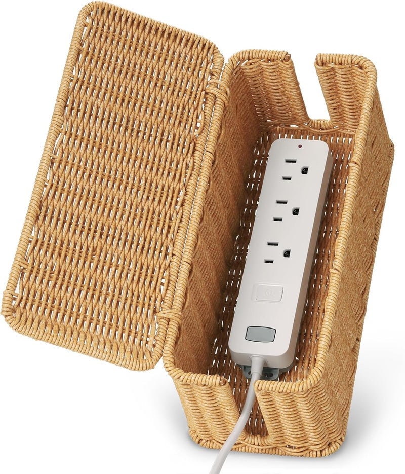 Soko Woven Faux Rattan Cable Management Box| Cord Hider with Lid, 2 Open Slots Surge Protector | Power Strips, Router, TV, Gadget Wires Organizer Tray for Desktop, Table-Home, Office (Large) Brown - Image 1
