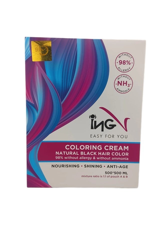 ING  Natural Black Hair Color Cream 500*2ml | Ammonia-Free Permanent Hair Dye | 100% Grey Coverage | Long-Lasting Color | Nourishing & Shining Formula - Image 1