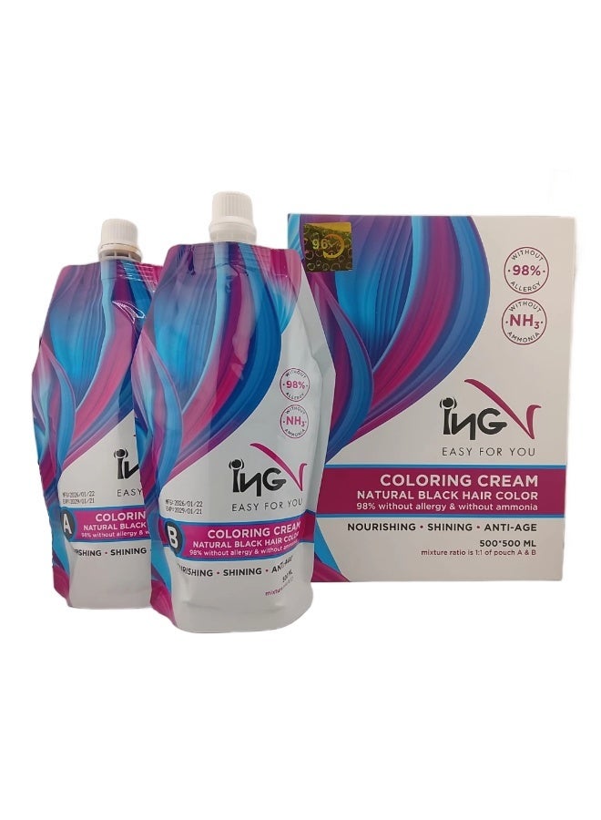 ING  Natural Black Hair Color Cream 500*2ml | Ammonia-Free Permanent Hair Dye | 100% Grey Coverage | Long-Lasting Color | Nourishing & Shining Formula - Image 2