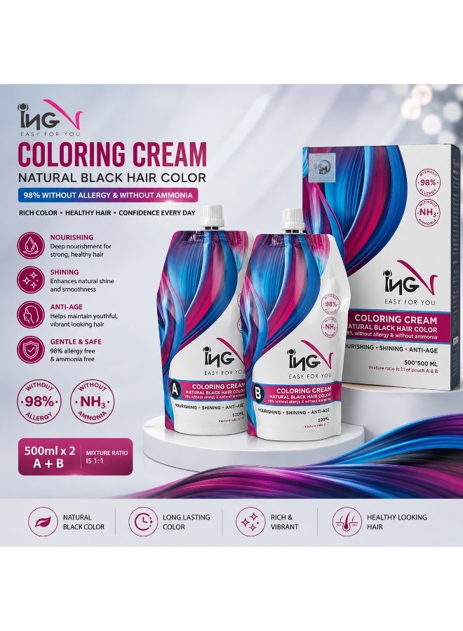 ING  Natural Black Hair Color Cream 500*2ml | Ammonia-Free Permanent Hair Dye | 100% Grey Coverage | Long-Lasting Color | Nourishing & Shining Formula - Image 4