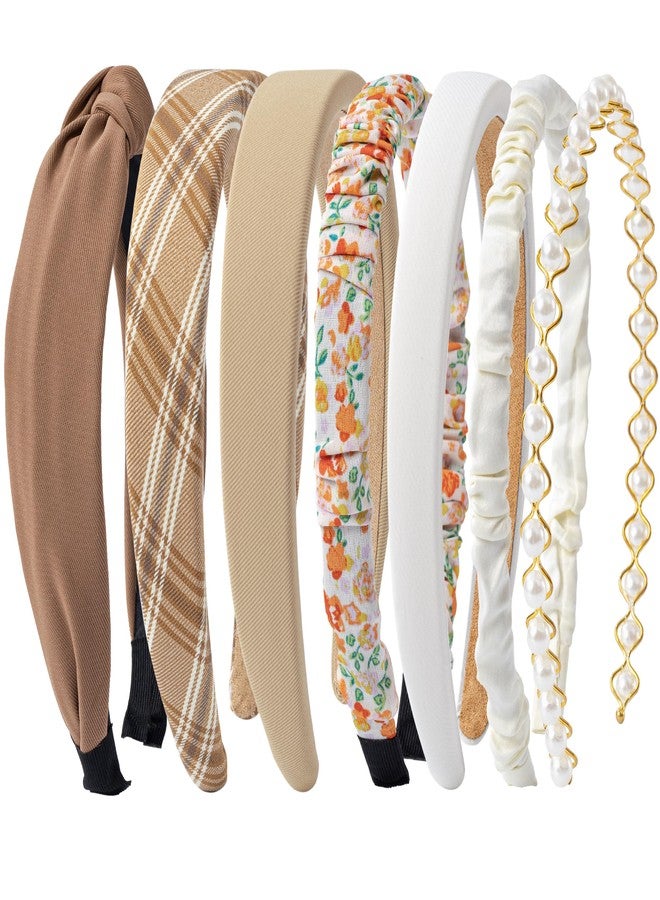 Sunolga 7 Pack Brown Headbands for Women Girls Non Slip Floral Padded Hairbands Cute Pearl Head bands Wide Headbands Trendy Hair Accessories - Image 1