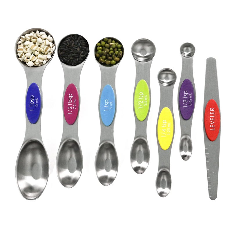 Multicolor Magnetic Measuring Spoons Set with Leveler Stainless Steel Stackable Fits Spice Jars For Baking Kitchen