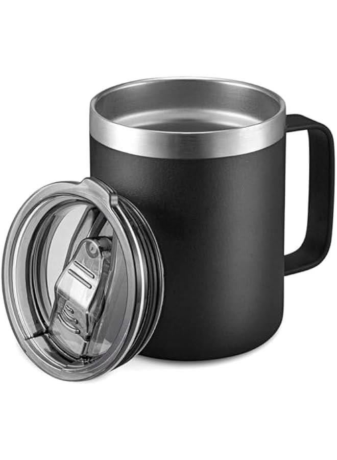 HOOKOR 12 oz Stainless Steel Insulated Coffee Mug with Handle, Double Wall Vacuum Travel Coffee Tumbler Cup with Sliding Lid (Black)  - Image 1