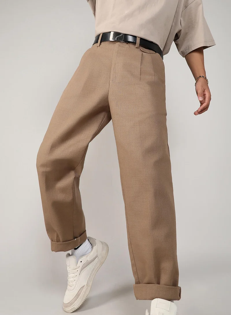 Campus Sutra Men's Camel Brown Tailored Linen-Blend Trousers For Casual Wear | 4 Pockets | Mid- Rise | Button Closure | Trousers Crafted With Comfort Fit For Everyday Wear