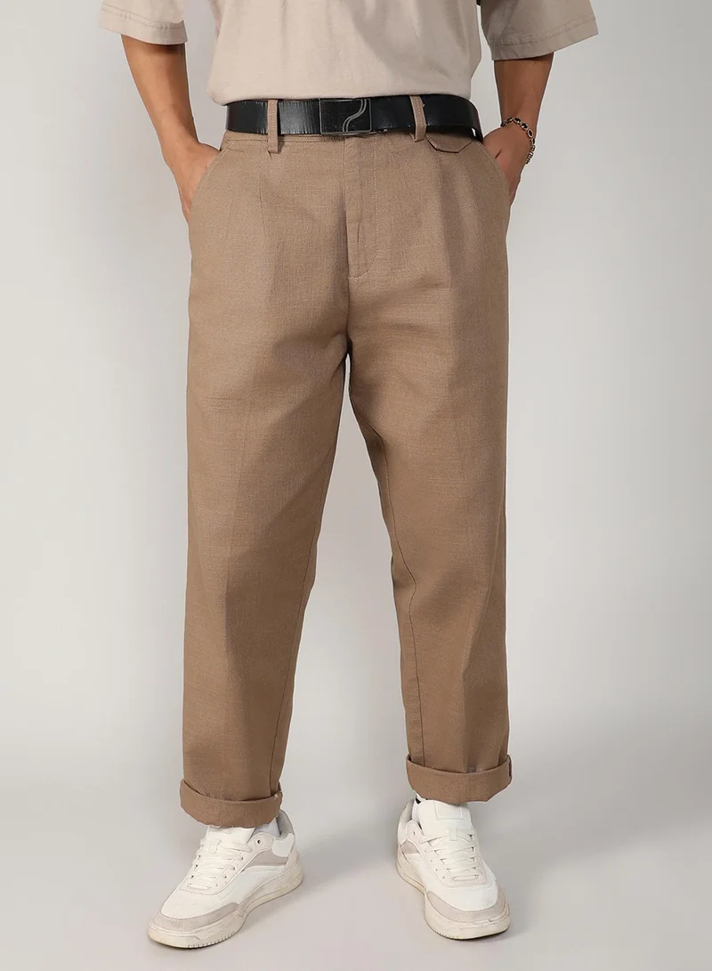 Campus Sutra Men's Camel Brown Tailored Linen-Blend Trousers For Casual Wear | 4 Pockets | Mid- Rise | Button Closure | Trousers Crafted With Comfort Fit For Everyday Wear