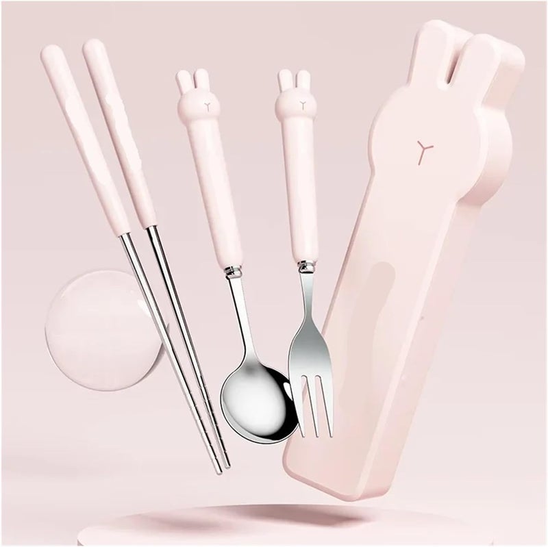 Cartoon Bear Cutlery Set with Case Stainless Steel Fork Spoon Portable Travel Tableware Reusable Flatware(Rabbit-Set C) - Image 2