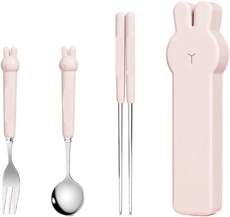 Cartoon Bear Cutlery Set with Case Stainless Steel Fork Spoon Portable Travel Tableware Reusable Flatware(Rabbit-Set C) - Image 1