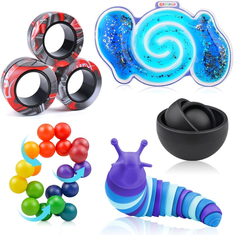 5Pcs Fidget Toys Adults Pack,Stocking Stuffers for Teens Boys Girls,Autism Sensory Toys with Fidget Spinner Slug Magnetic Rings,Squishy Fidget Toys ADHD Stress Relief, for Kid-B