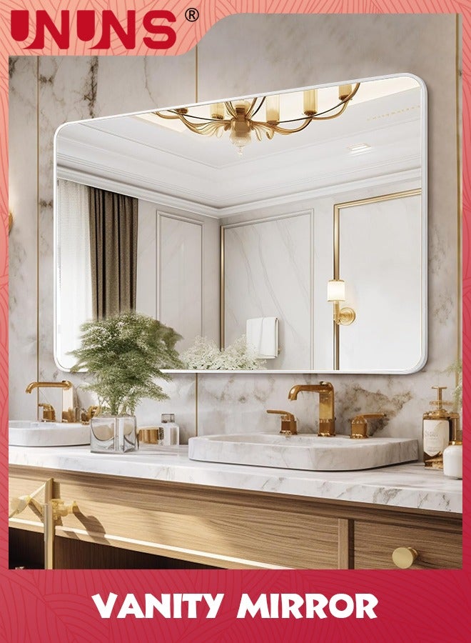 UNUNS Vanity Bathroom Mirror,Bathroom Mirror For Over Sink,Wall-Mounted Aluminum Framed Mirror For Bedroom,Restroom,Corner,Modern Rounded Corner Anti-Rust Hanging Mirrors Of Home,16 x 24in,White  - Image 1