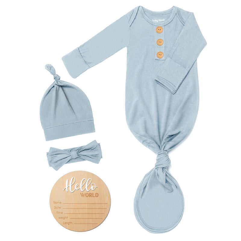 Baby Noah Soft Baby Pajamas 0-3 Months, Newborn Announcement Sleepers With Mitten Cuffs, Coming Home Outfit & Personalized Wooden Name Tag Gift Set - Image 1