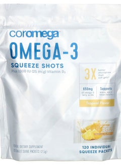 Coromega Omega3 Squeeze Shots Plus Vitamin D3 Tropical 120 Individual Squeeze Packets 2.5 g Each 