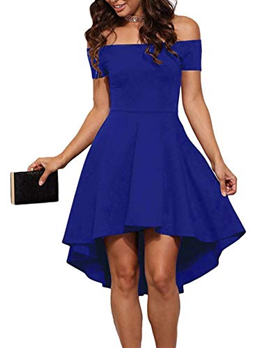 Sarin Mathews Women Off The Shoulder Short Sleeve High Low Cocktail Skater Dress RoyalBlue L - Image 1