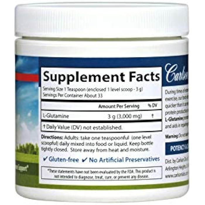 Carlson - L-Glutamine Powder, Free-Form Amino Acid, 3 g, Muscle Tissue Production & Function, Immune Support, 3.53 oz (100 g) - Image 3