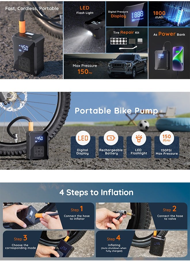 SUITU - Digital Car Tyre Inflator Air Compressor, Portable Tyre Inflator with Auto Stop and LED Light 12V Fast Portable Air Pump 150PSI Strong Cordless Air Pump Trucks - Image 1