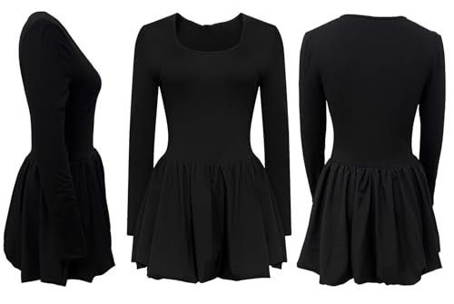 Vakkest Women's Square Neck Mini Bubble Dress Long Sleeve Cute Elegant Patchwork Cocktail Party Y2k Clubwear Dresses Black - Image 5