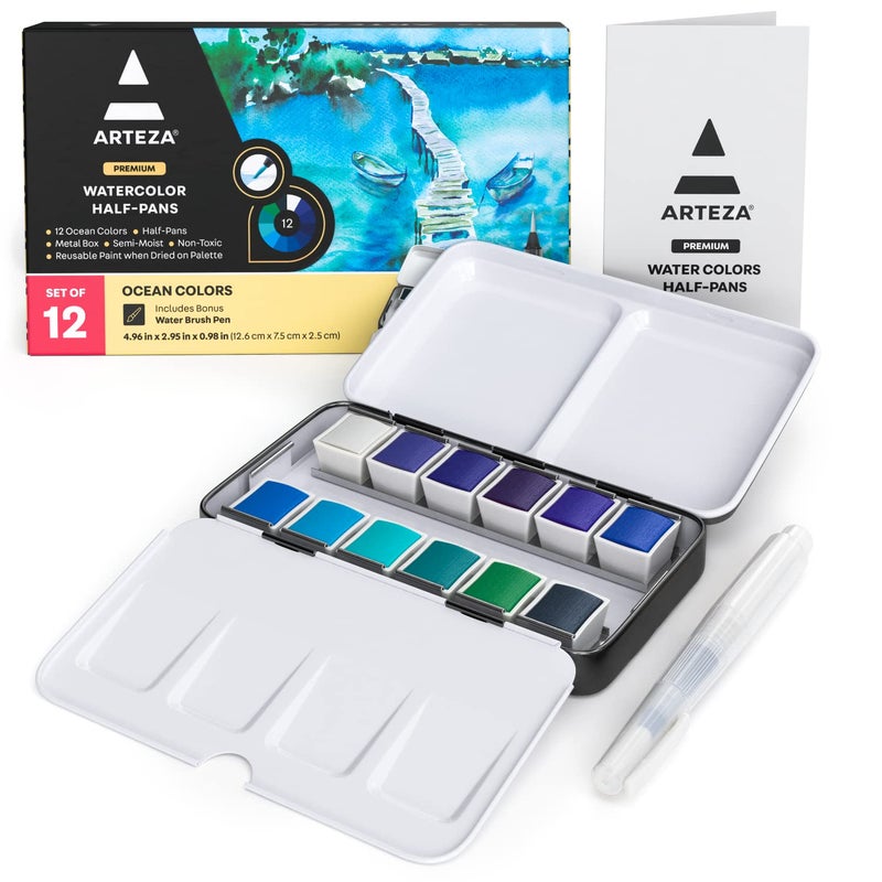 Arteza Watercolor Paint Set with Water Brush, 12 Watercolor Half Pans in Ocean Tones, Semi Moist, Art Supplies for Painting Stunning Seascapes - Image 1