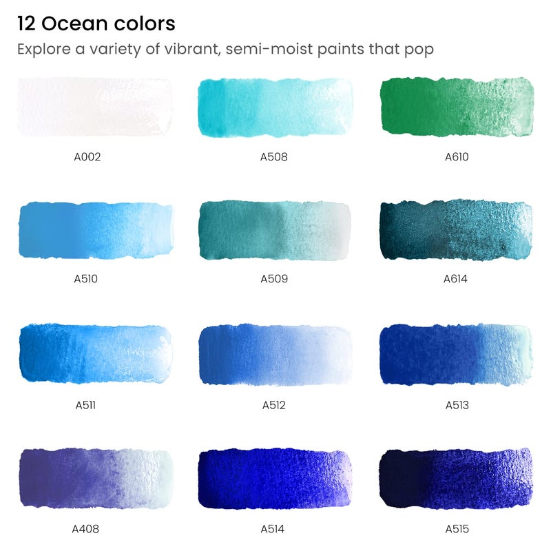 Arteza Watercolor Paint Set with Water Brush, 12 Watercolor Half Pans in Ocean Tones, Semi Moist, Art Supplies for Painting Stunning Seascapes - Image 2