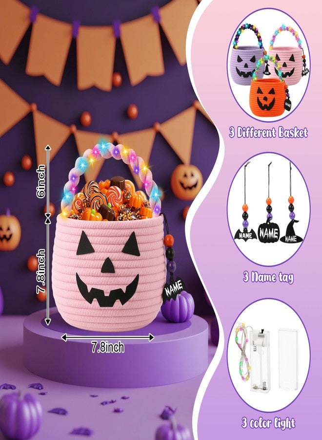 زوبيل مجموعة زوبيل المكونة من 3 قطع من سلال اليقطين للهالوين، سلة خدعة أو حلوى مع أضواء سلسلة LED وزينة خشبية، أكياس صغيرة مخيفة، أكياس جاك أو لانترن للبنات والأولاد والأطفال، هدايا حفلات الهالوين (وردي) - Image 2