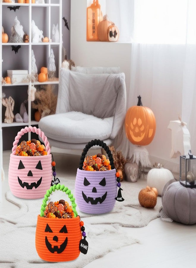 زوبيل مجموعة زوبيل المكونة من 3 قطع من سلال اليقطين للهالوين، سلة خدعة أو حلوى مع أضواء سلسلة LED وزينة خشبية، أكياس صغيرة مخيفة، أكياس جاك أو لانترن للبنات والأولاد والأطفال، هدايا حفلات الهالوين (وردي) - Image 4