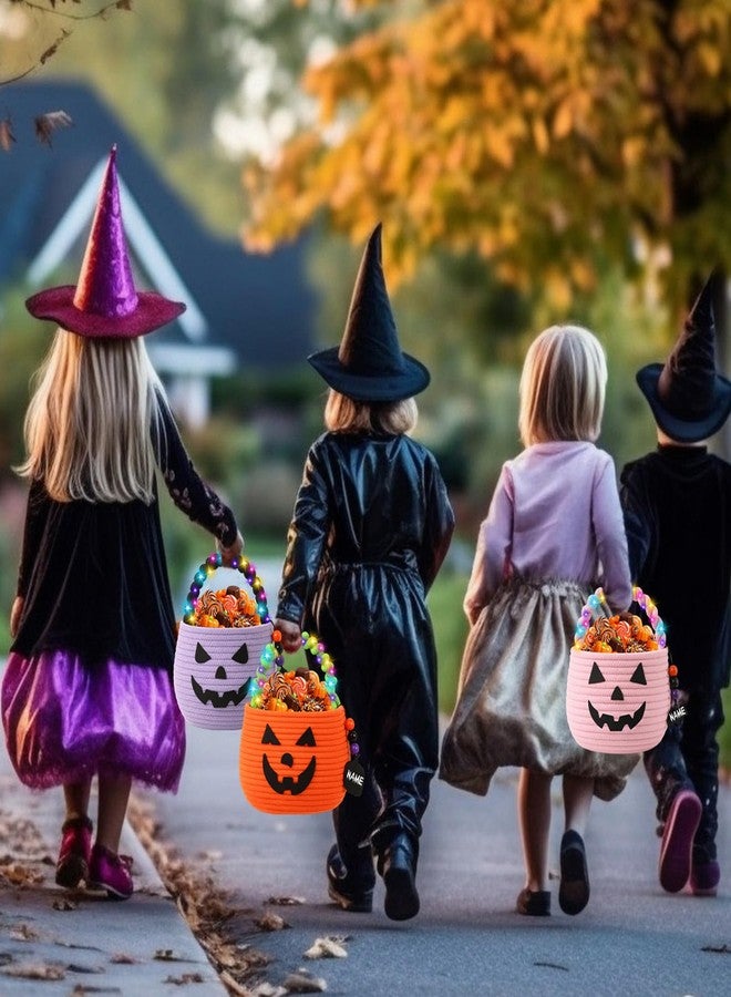 زوبيل مجموعة زوبيل المكونة من 3 قطع من سلال اليقطين للهالوين، سلة خدعة أو حلوى مع أضواء سلسلة LED وزينة خشبية، أكياس صغيرة مخيفة، أكياس جاك أو لانترن للبنات والأولاد والأطفال، هدايا حفلات الهالوين (وردي) - Image 5