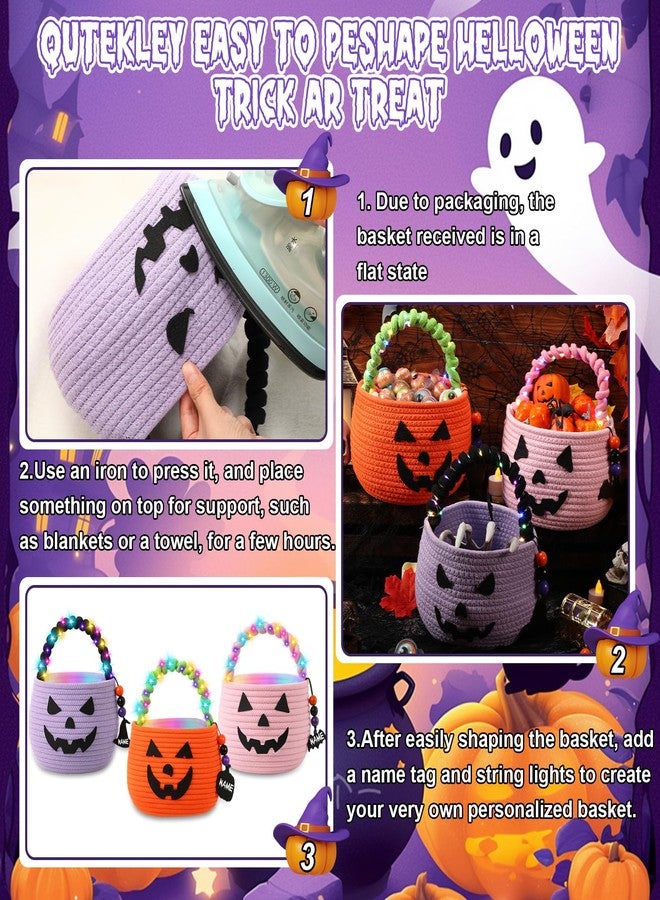 زوبيل مجموعة زوبيل المكونة من 3 قطع من سلال اليقطين للهالوين، سلة خدعة أو حلوى مع أضواء سلسلة LED وزينة خشبية، أكياس صغيرة مخيفة، أكياس جاك أو لانترن للبنات والأولاد والأطفال، هدايا حفلات الهالوين (وردي) - Image 3