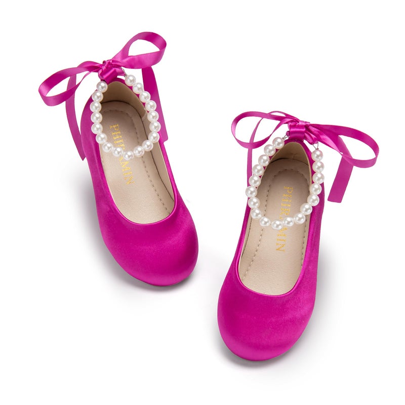 PHIRAMIN Toddler Flower Girl Satin Hot Pink Dress Shoes - Little Girl Ballet Flats Size 11 Pearl Wedding Party - Image 1