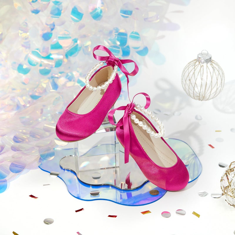 PHIRAMIN Toddler Flower Girl Satin Hot Pink Dress Shoes - Little Girl Ballet Flats Size 11 Pearl Wedding Party - Image 2