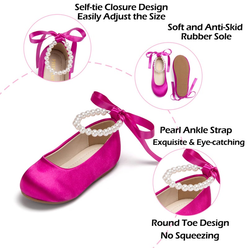 PHIRAMIN Toddler Flower Girl Satin Hot Pink Dress Shoes - Little Girl Ballet Flats Size 11 Pearl Wedding Party - Image 5