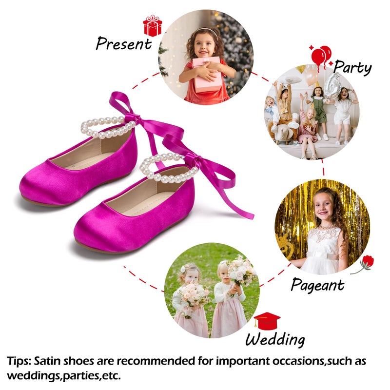 PHIRAMIN Toddler Flower Girl Satin Hot Pink Dress Shoes - Little Girl Ballet Flats Size 11 Pearl Wedding Party - Image 4