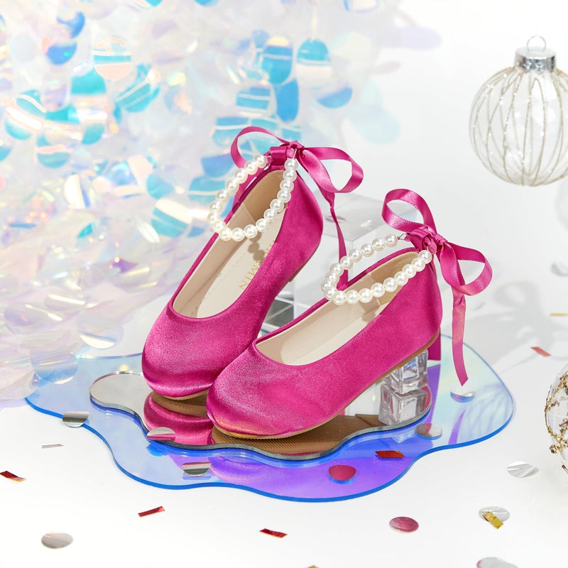 PHIRAMIN Toddler Flower Girl Satin Hot Pink Dress Shoes - Little Girl Ballet Flats Size 11 Pearl Wedding Party - Image 3